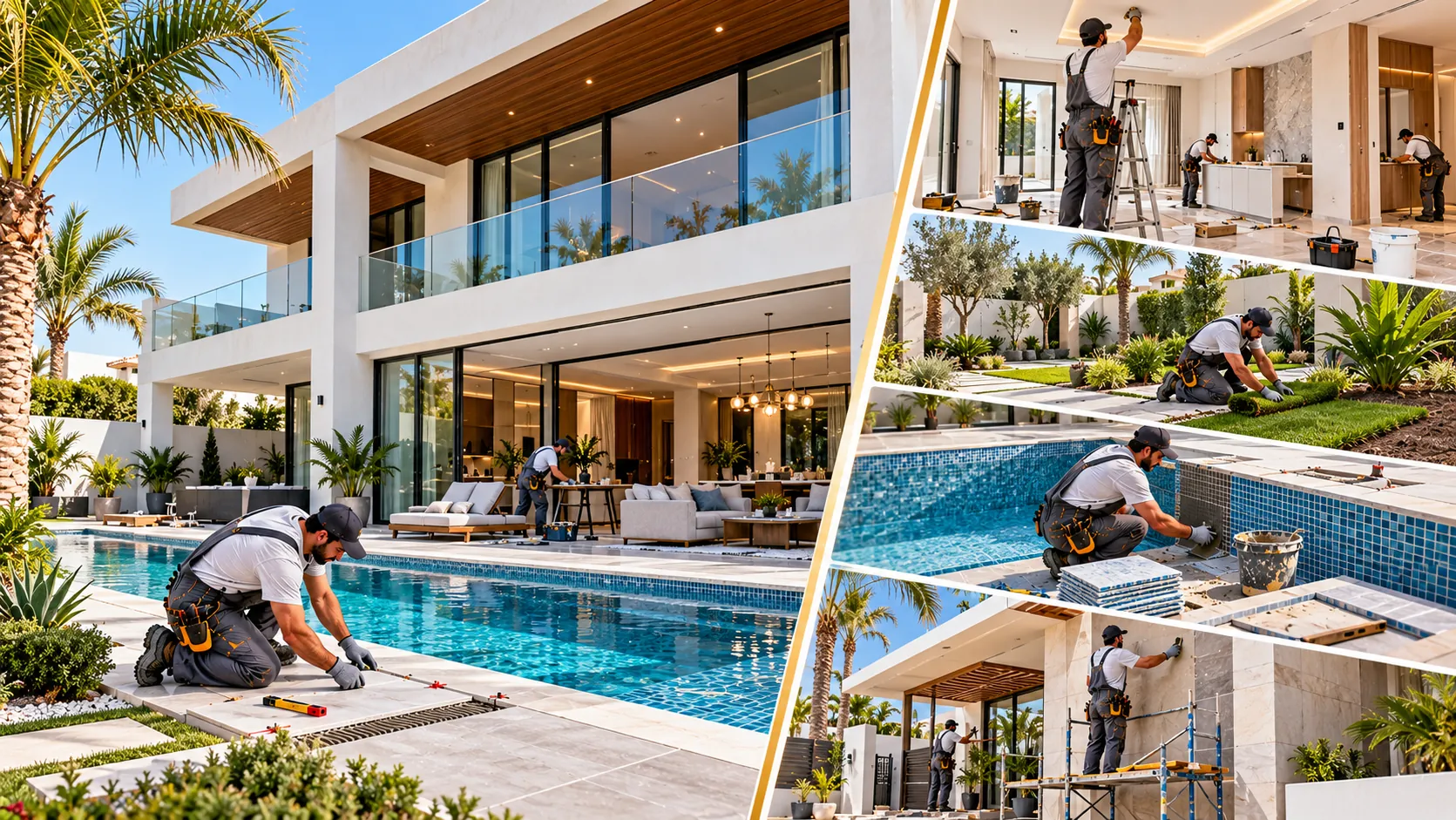 Illustrative image: a renovated modern villa with a pool terrace, with scenes of paving, landscaping, pool tiling and facade cladding